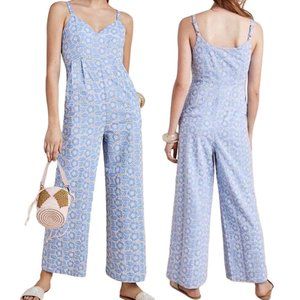 Anthropologie Laia Karina Eyelet Embroidered Floral Wide Leg Jumpsuit in Sky